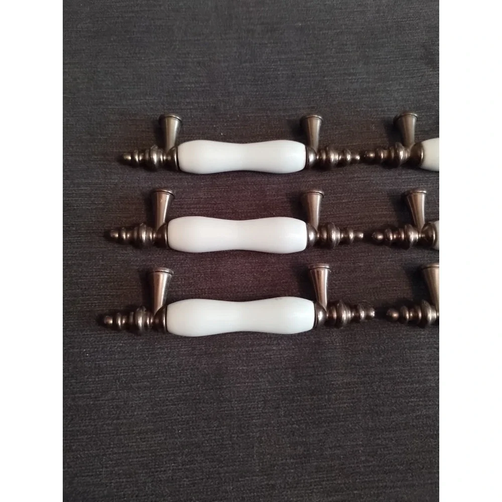 Vintage Ceramic Almond and Brass Dresser Drawer Pulls Cabinet Handles Six